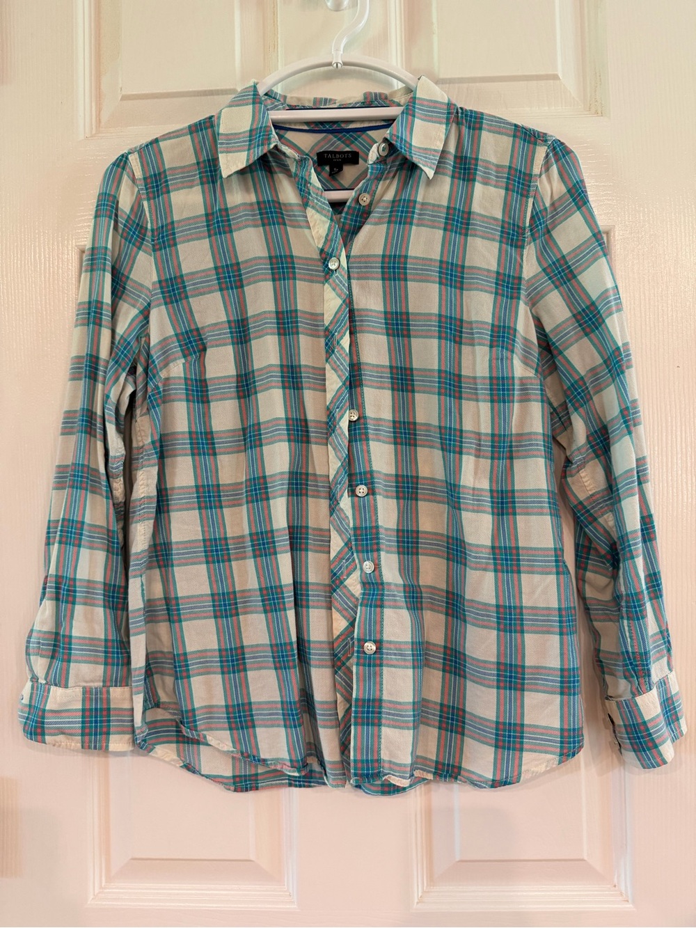Talbots Teal and Cream Plaid Button-Up Shirt with Subtle Pink Lines